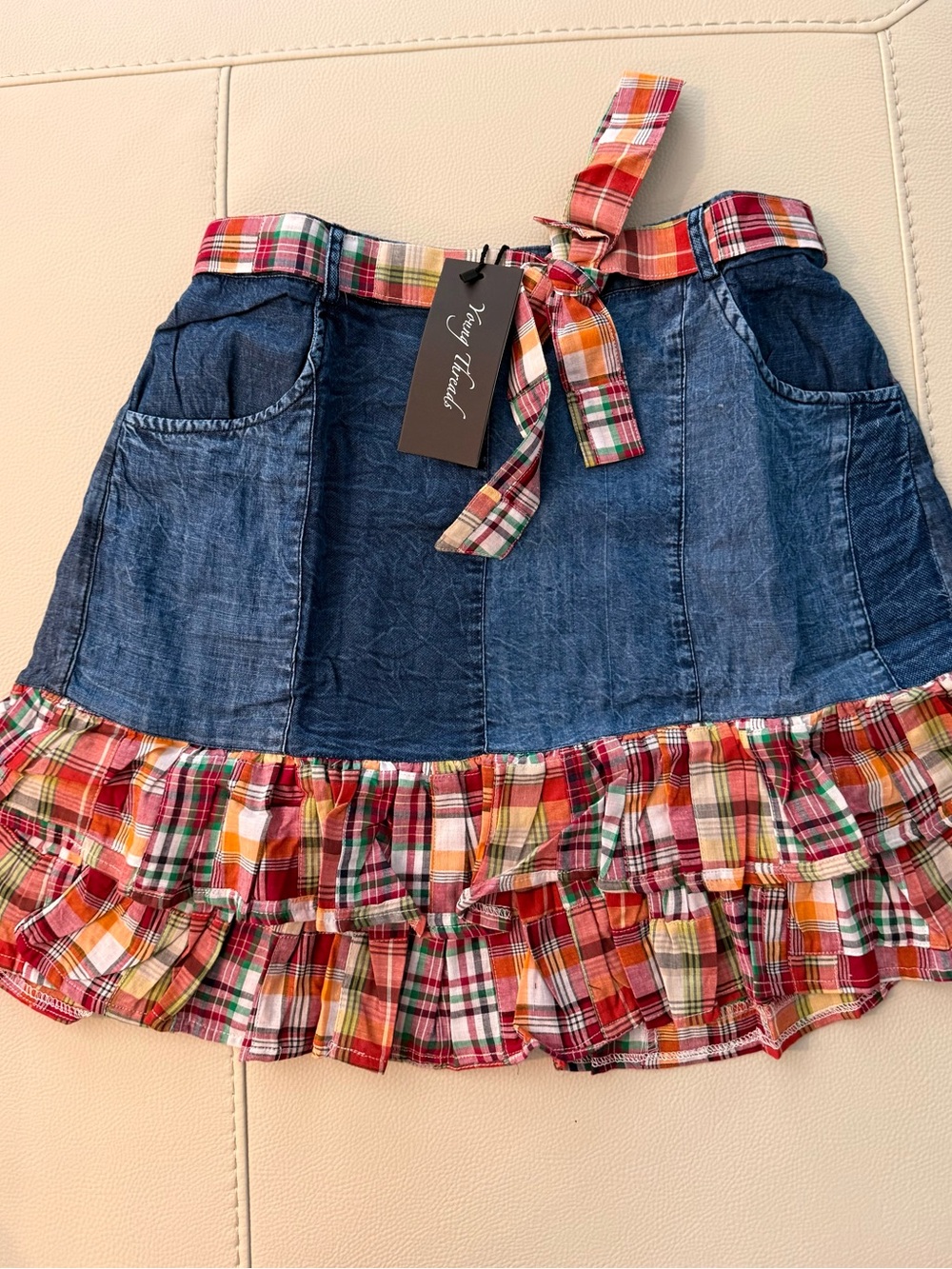 Young threads Denim Mini Skirt with Plaid Ruffle Trim